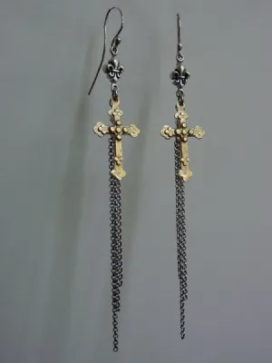 Earrings Gold Cross Silver Fleur De Lis & Tassel