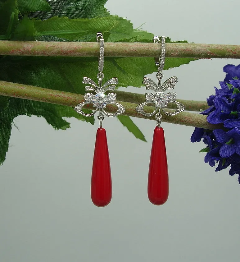 Earrings Red Shell Pearl Teardrop with Cubic Zirconia  Dangle Earrings.