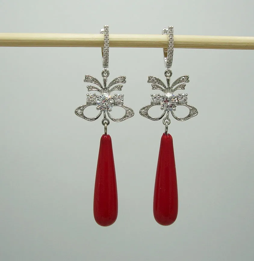 Earrings Red Shell Pearl Teardrop with Cubic Zirconia  Dangle Earrings.