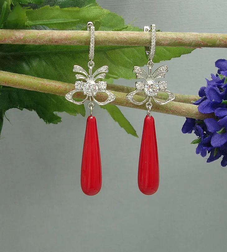Earrings Red Shell Pearl Teardrop with Cubic Zirconia  Dangle Earrings.