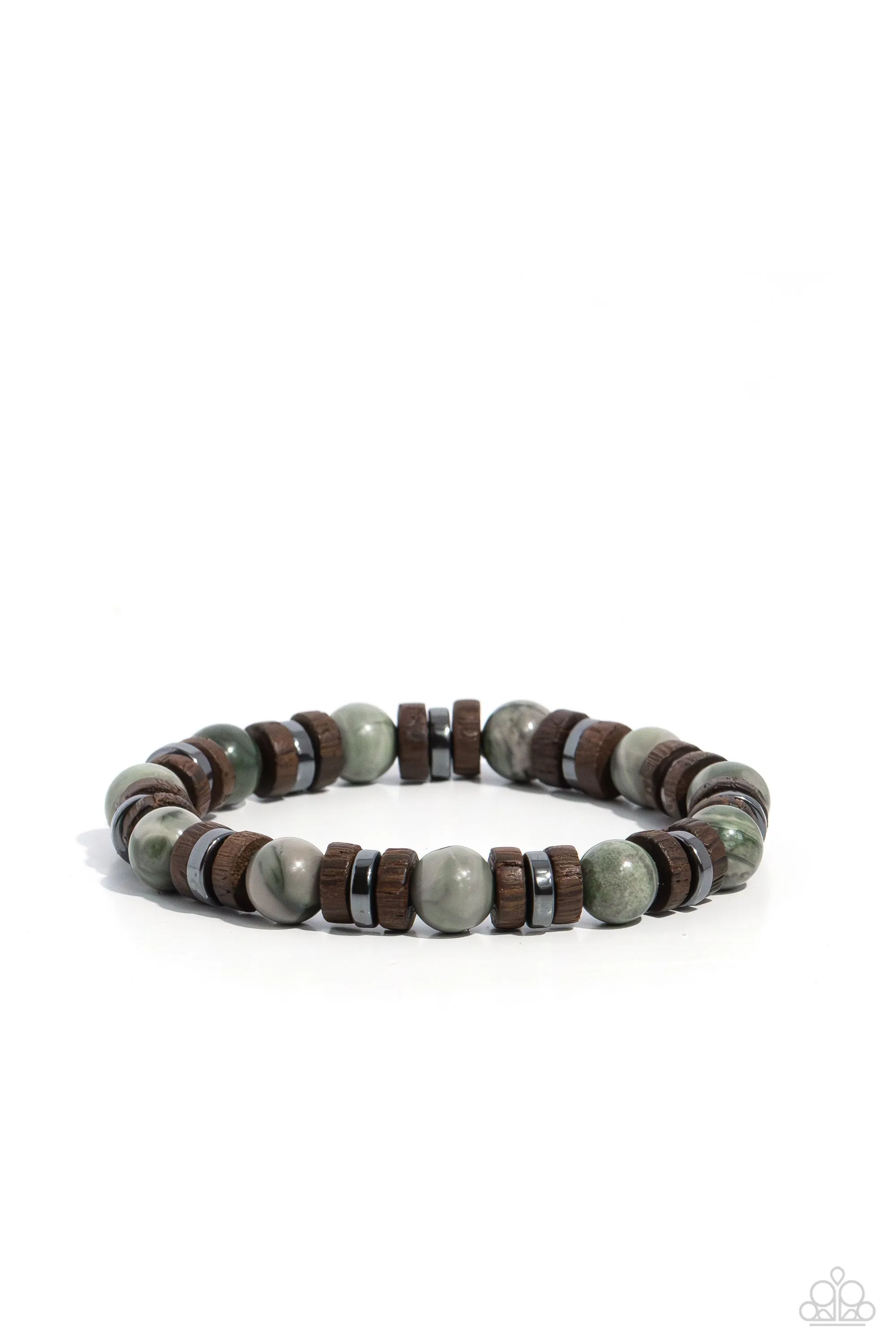 Earthy Empath - Green - Stone Bead Wooden and Gunmetal Accent Paparazzi Stretchy Bracelet