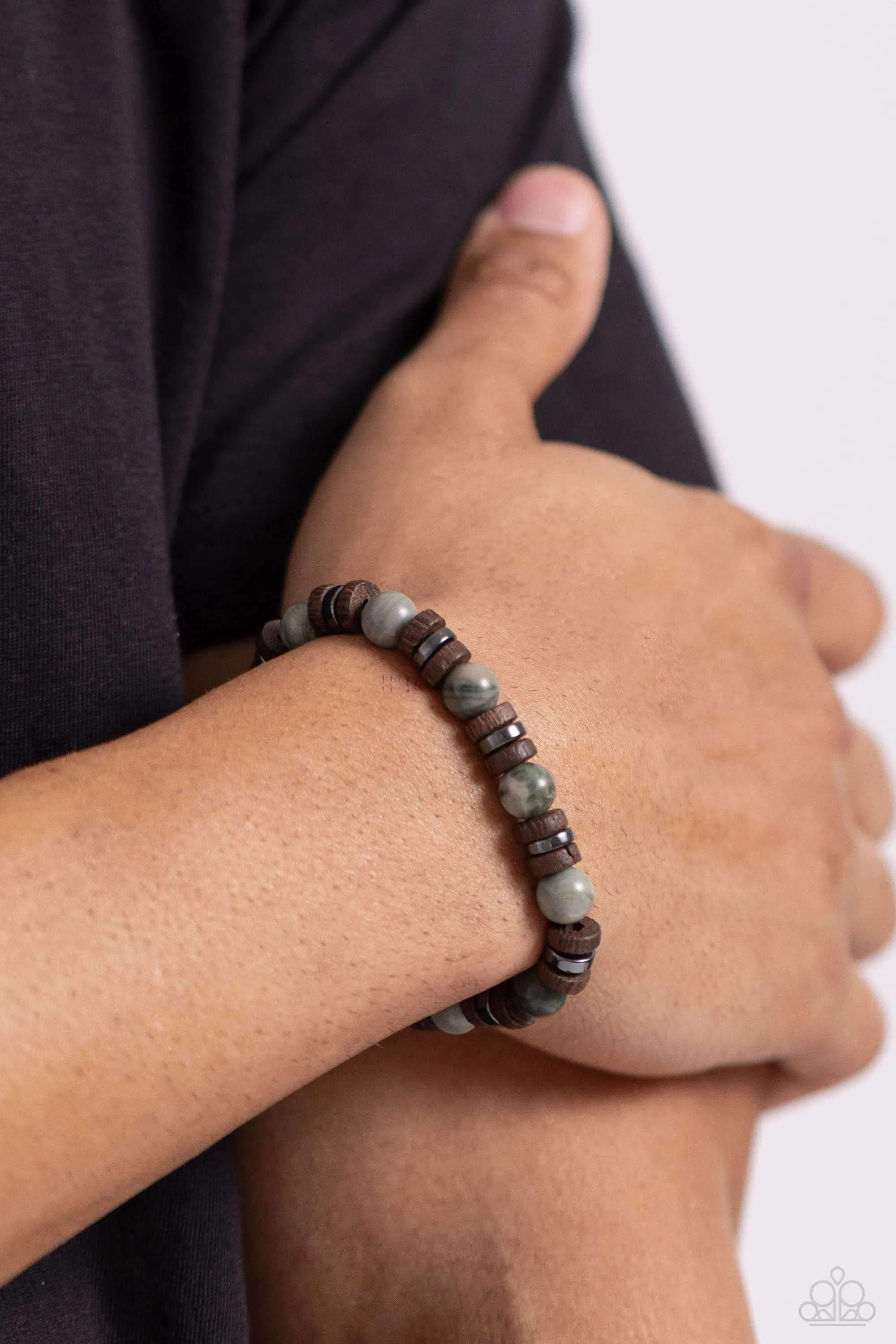 Earthy Empath - Green - Stone Bead Wooden and Gunmetal Accent Paparazzi Stretchy Bracelet