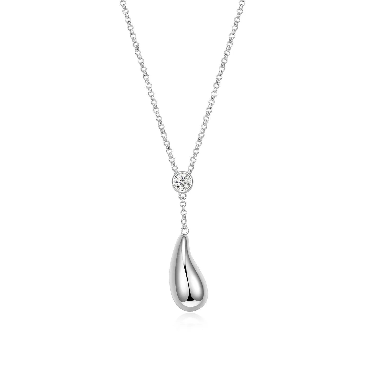 Elle Raindrop Sterling Silver Rhodium Plated Bezel Set CZ and Puffy Pear Drop Necklace