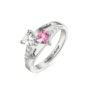 Engraved Double Heart Birthstone Ring Sterling Silver