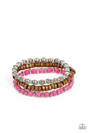 ESCAPADE Route - Pink - Stone, Wood, Silver Paparazzi Stretchy Bracelet