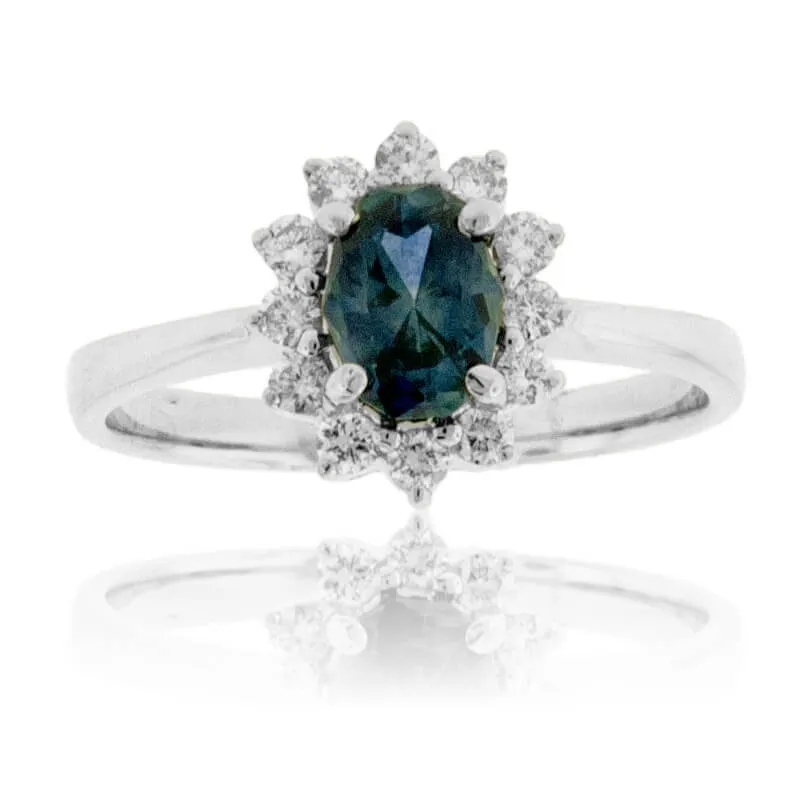 Fancy Cut Montana Sapphire & Classic Style Diamond Halo Ring