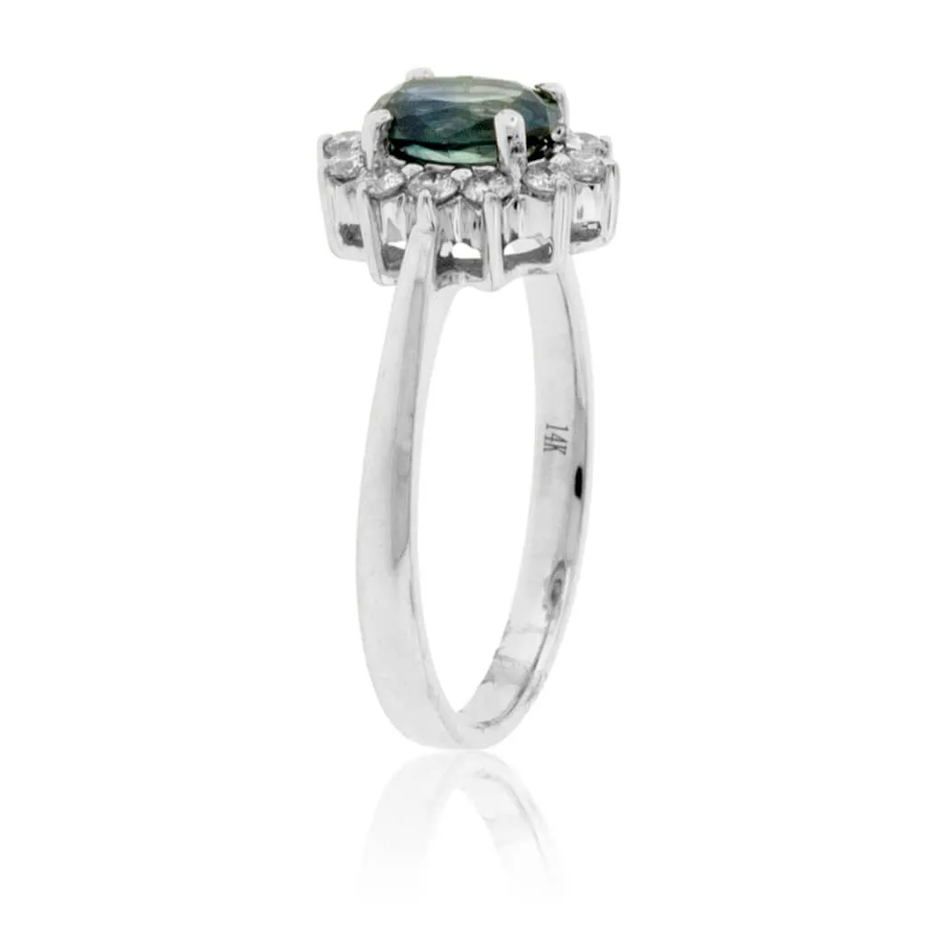 Fancy Cut Montana Sapphire & Classic Style Diamond Halo Ring