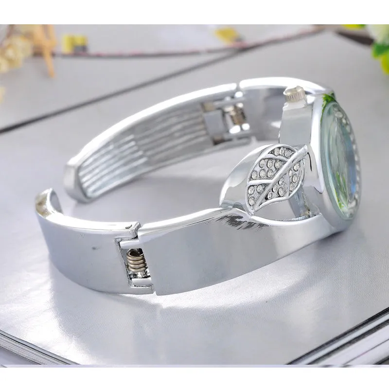 Fashion Student Children Cuff Bangle Watch Round Quartz Watch Women Dress Watch Gift Rhinestone Leaves Decor