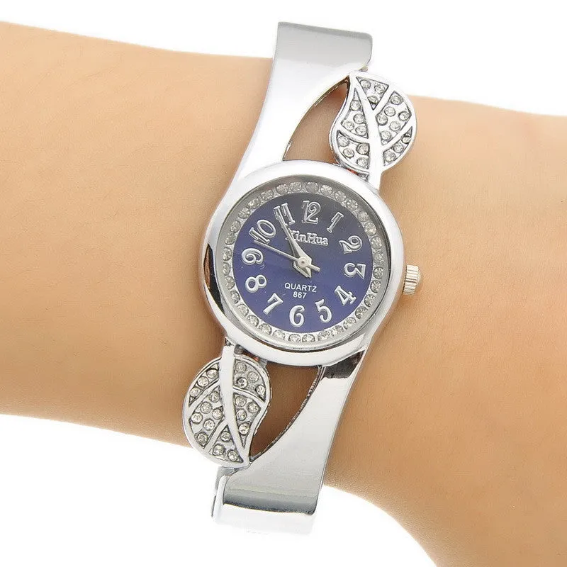 Fashion Student Children Cuff Bangle Watch Round Quartz Watch Women Dress Watch Gift Rhinestone Leaves Decor