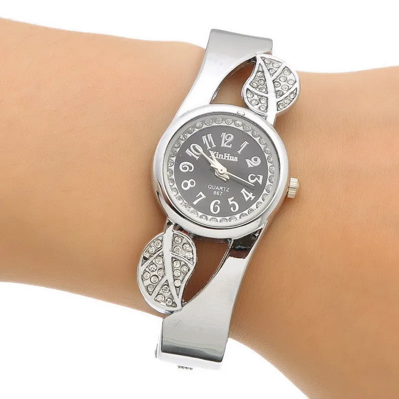 Fashion Student Children Cuff Bangle Watch Round Quartz Watch Women Dress Watch Gift Rhinestone Leaves Decor