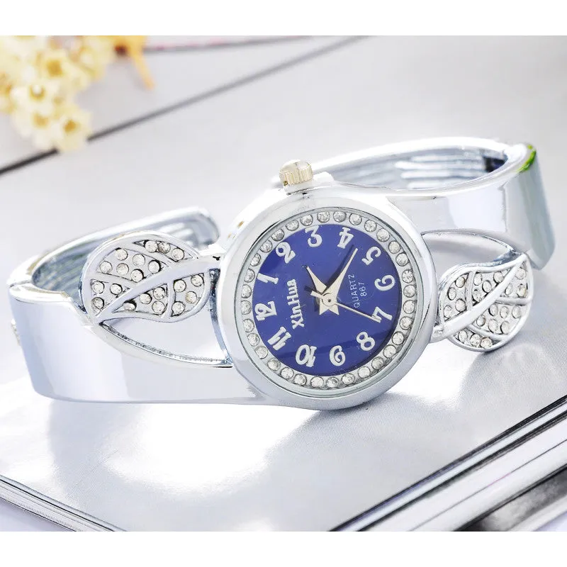 Fashion Student Children Cuff Bangle Watch Round Quartz Watch Women Dress Watch Gift Rhinestone Leaves Decor