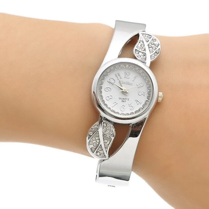 Fashion Student Children Cuff Bangle Watch Round Quartz Watch Women Dress Watch Gift Rhinestone Leaves Decor