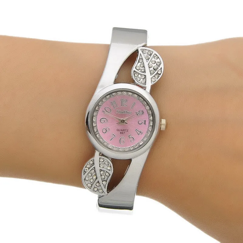 Fashion Student Children Cuff Bangle Watch Round Quartz Watch Women Dress Watch Gift Rhinestone Leaves Decor