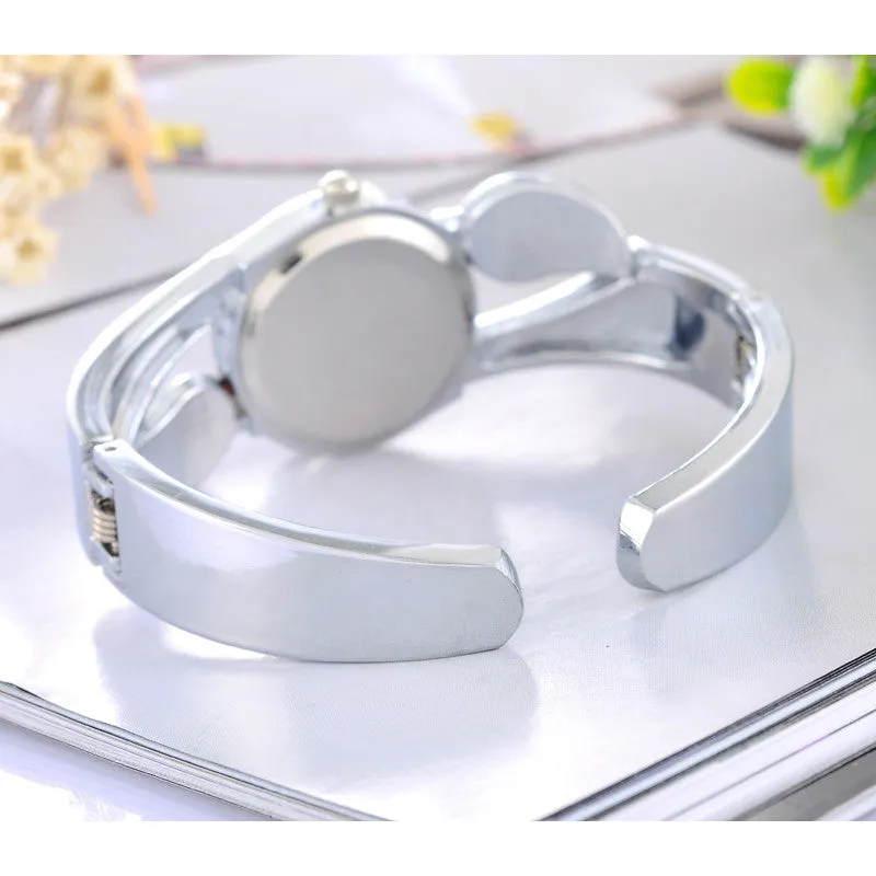 Fashion Student Children Cuff Bangle Watch Round Quartz Watch Women Dress Watch Gift Rhinestone Leaves Decor