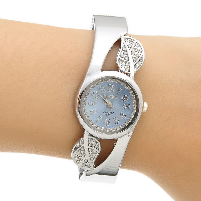 Fashion Student Children Cuff Bangle Watch Round Quartz Watch Women Dress Watch Gift Rhinestone Leaves Decor