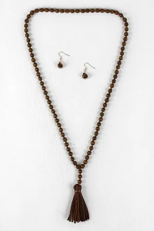 Faux Suede Tassel Wood Bead Necklace