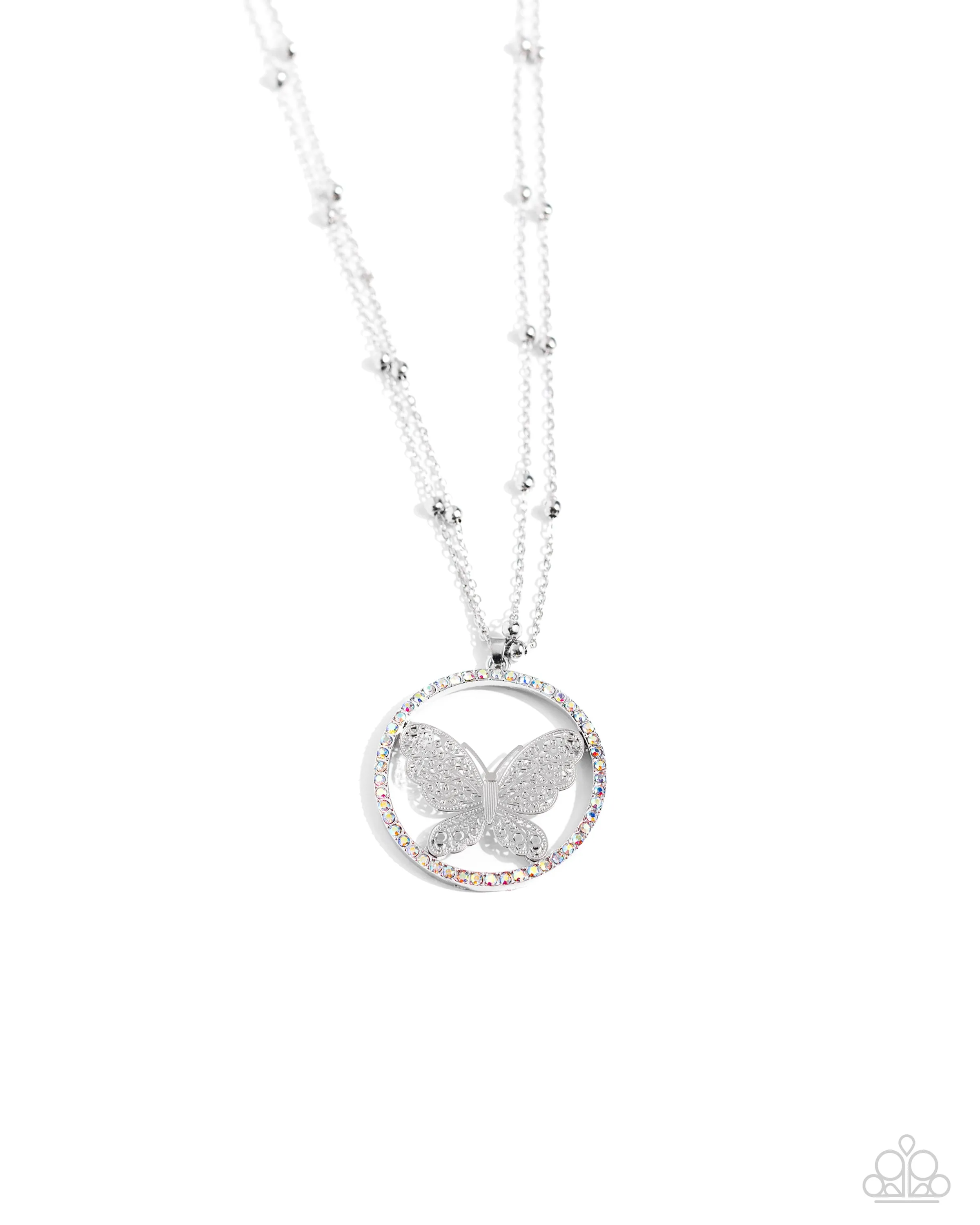 Festive Flight - Multi - Iridescent Rhinestone Border Silver Filigree Butterfly Paparazzi Short Necklace