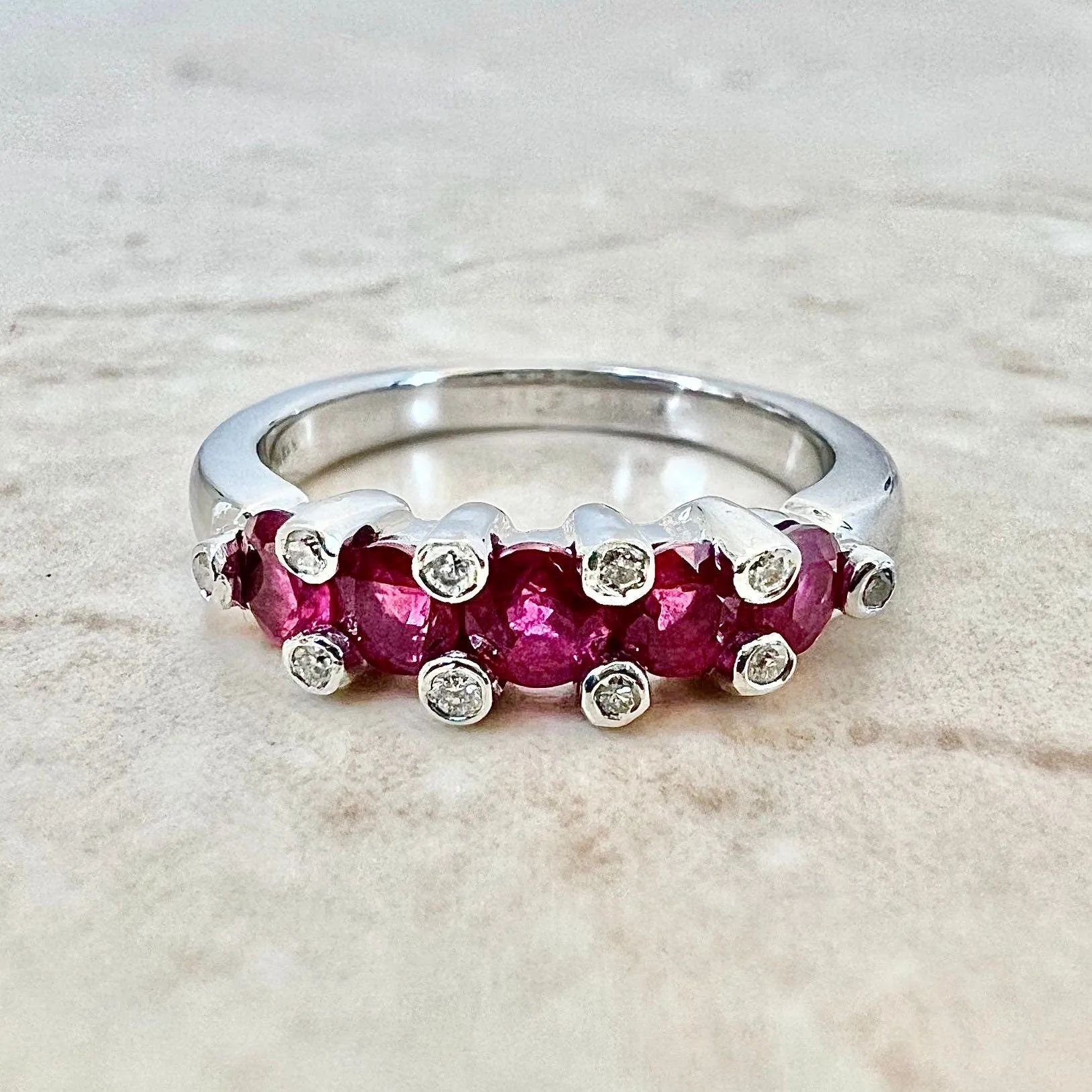 Fine 18 Karat White Gold Natural Ruby & Diamond Five-Stone Band Ring