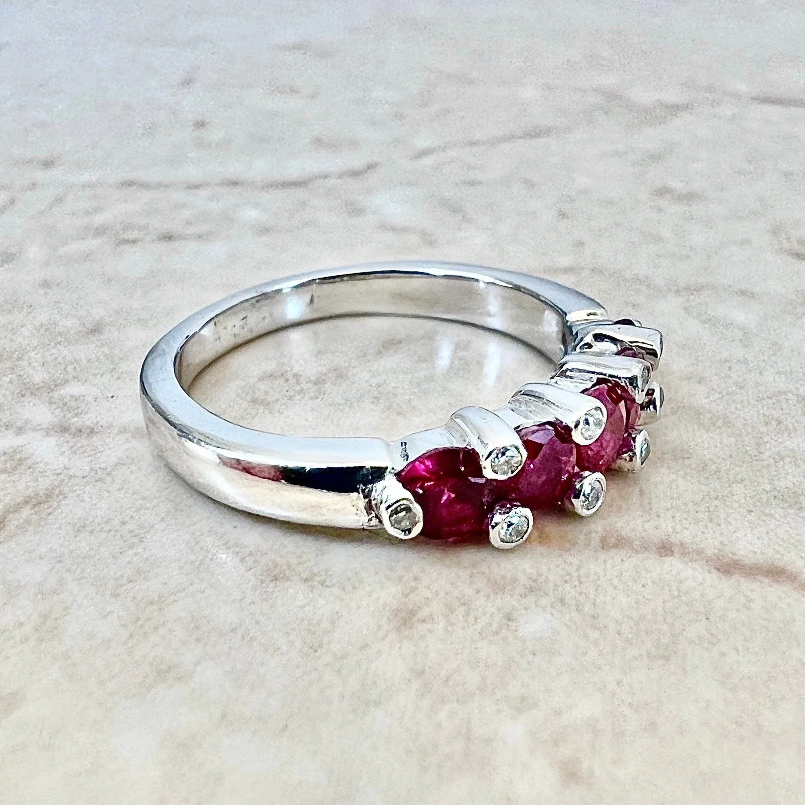 Fine 18 Karat White Gold Natural Ruby & Diamond Five-Stone Band Ring