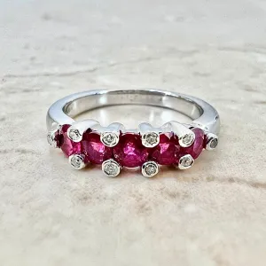 Fine 18 Karat White Gold Natural Ruby & Diamond Five-Stone Band Ring