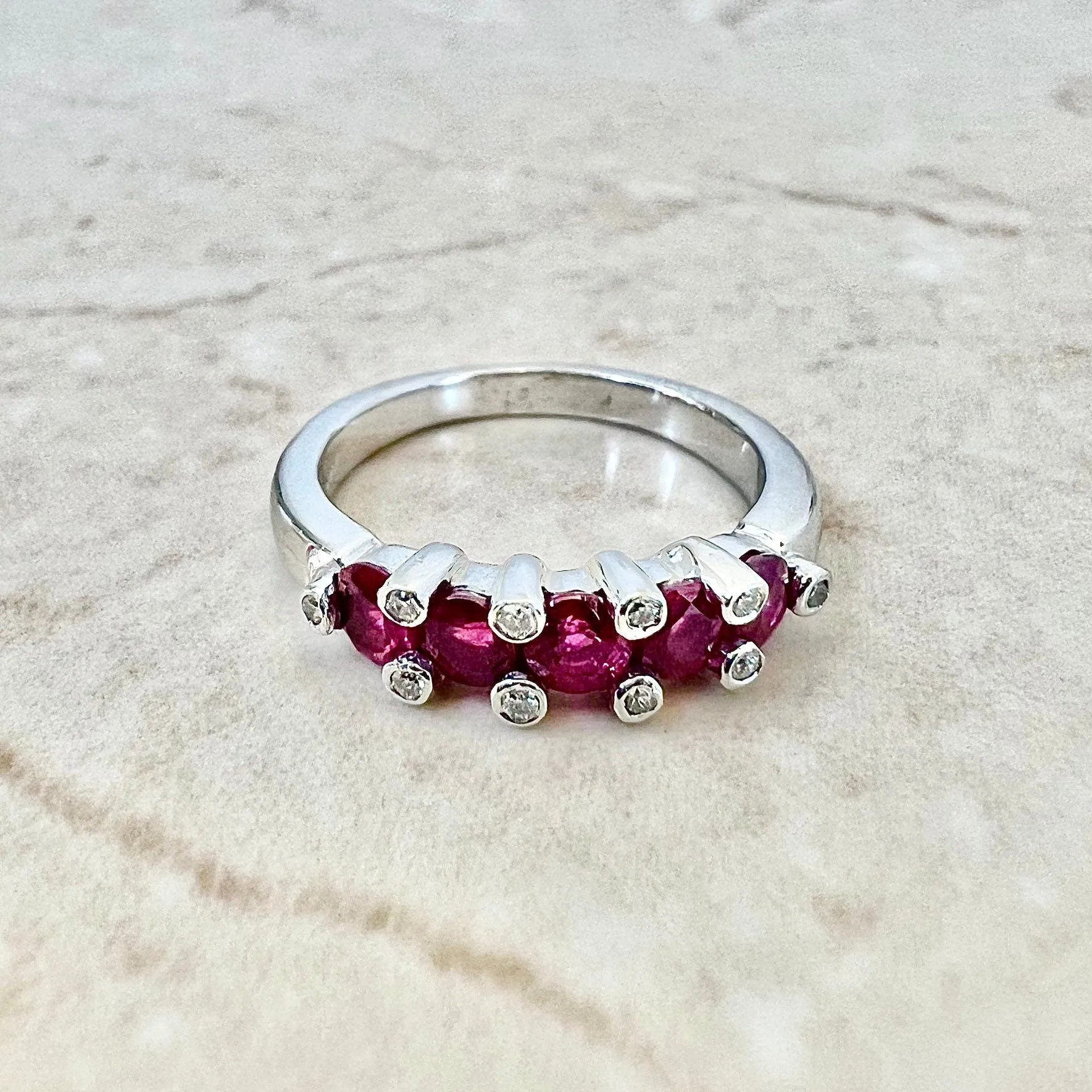 Fine 18 Karat White Gold Natural Ruby & Diamond Five-Stone Band Ring
