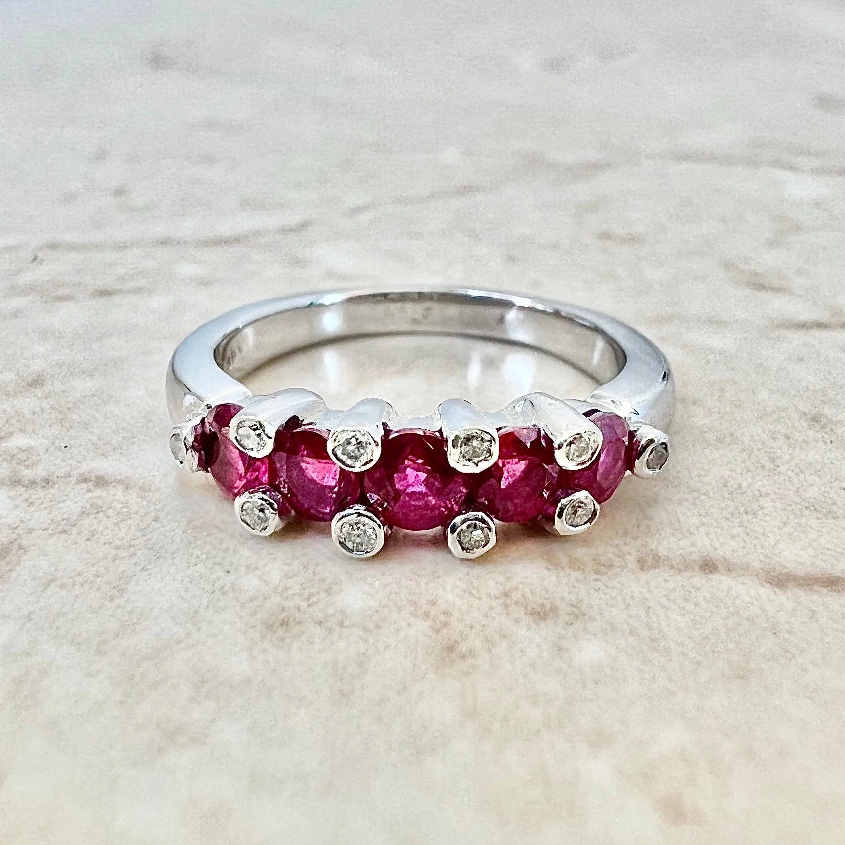 Fine 18 Karat White Gold Natural Ruby & Diamond Five-Stone Band Ring