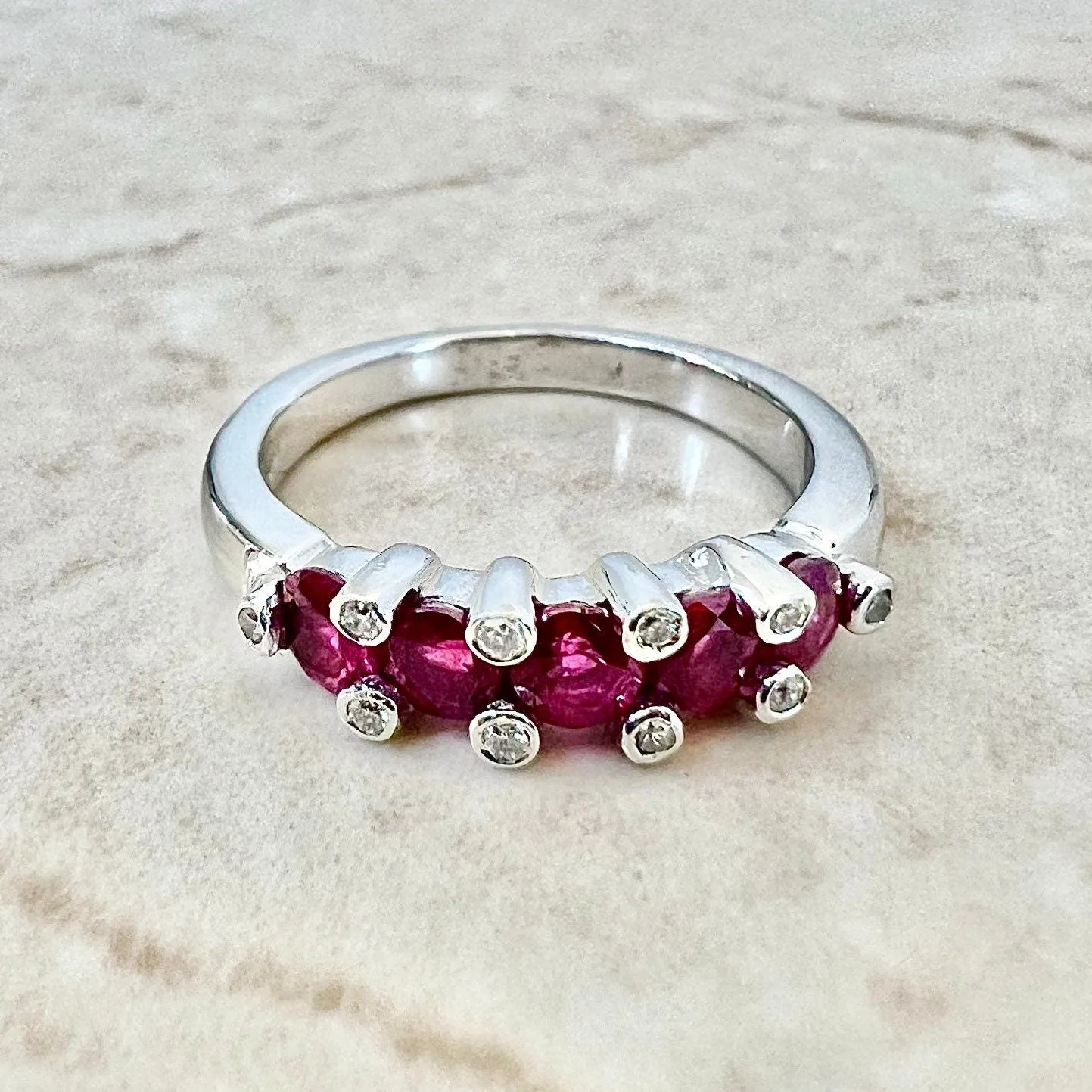 Fine 18 Karat White Gold Natural Ruby & Diamond Five-Stone Band Ring