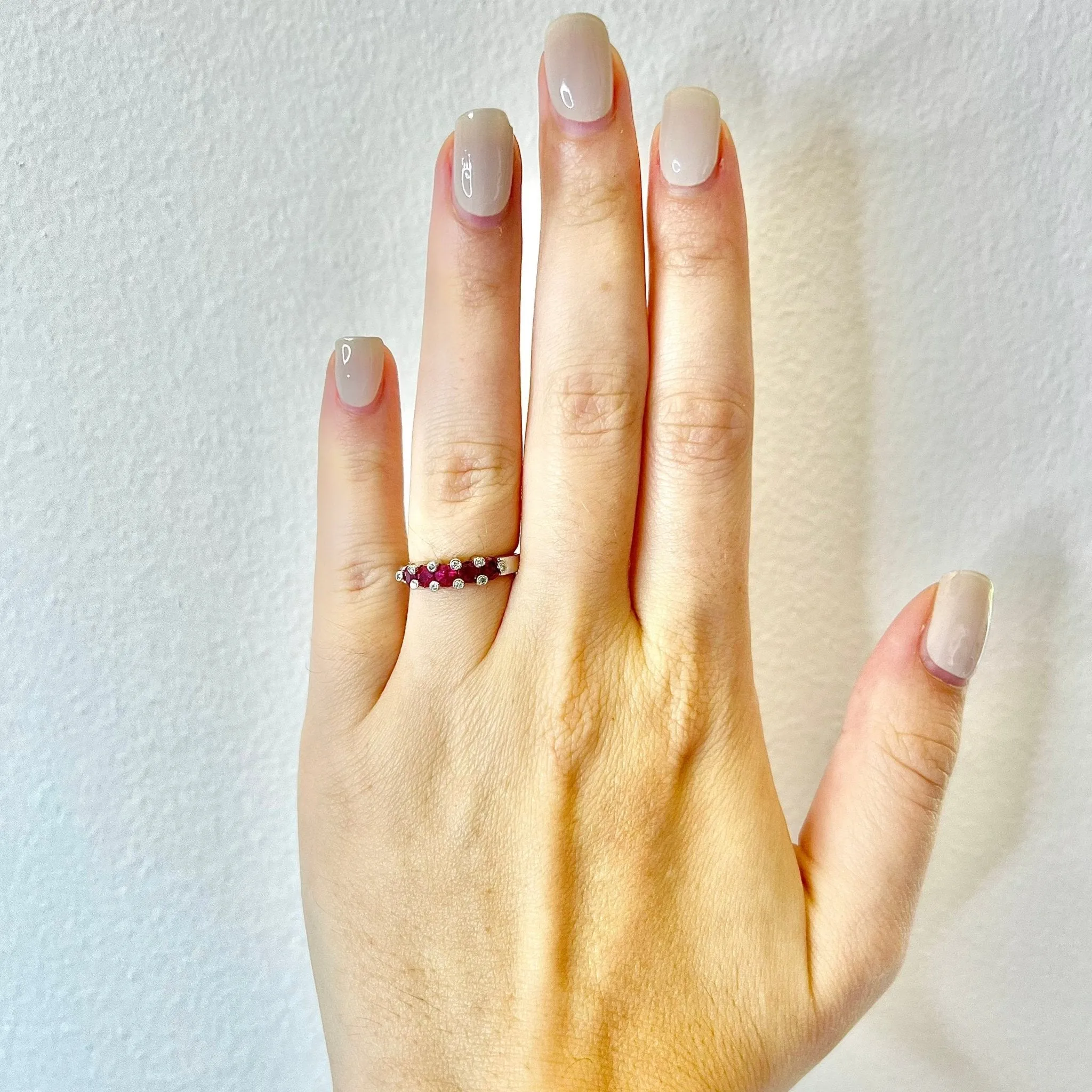 Fine 18 Karat White Gold Natural Ruby & Diamond Five-Stone Band Ring