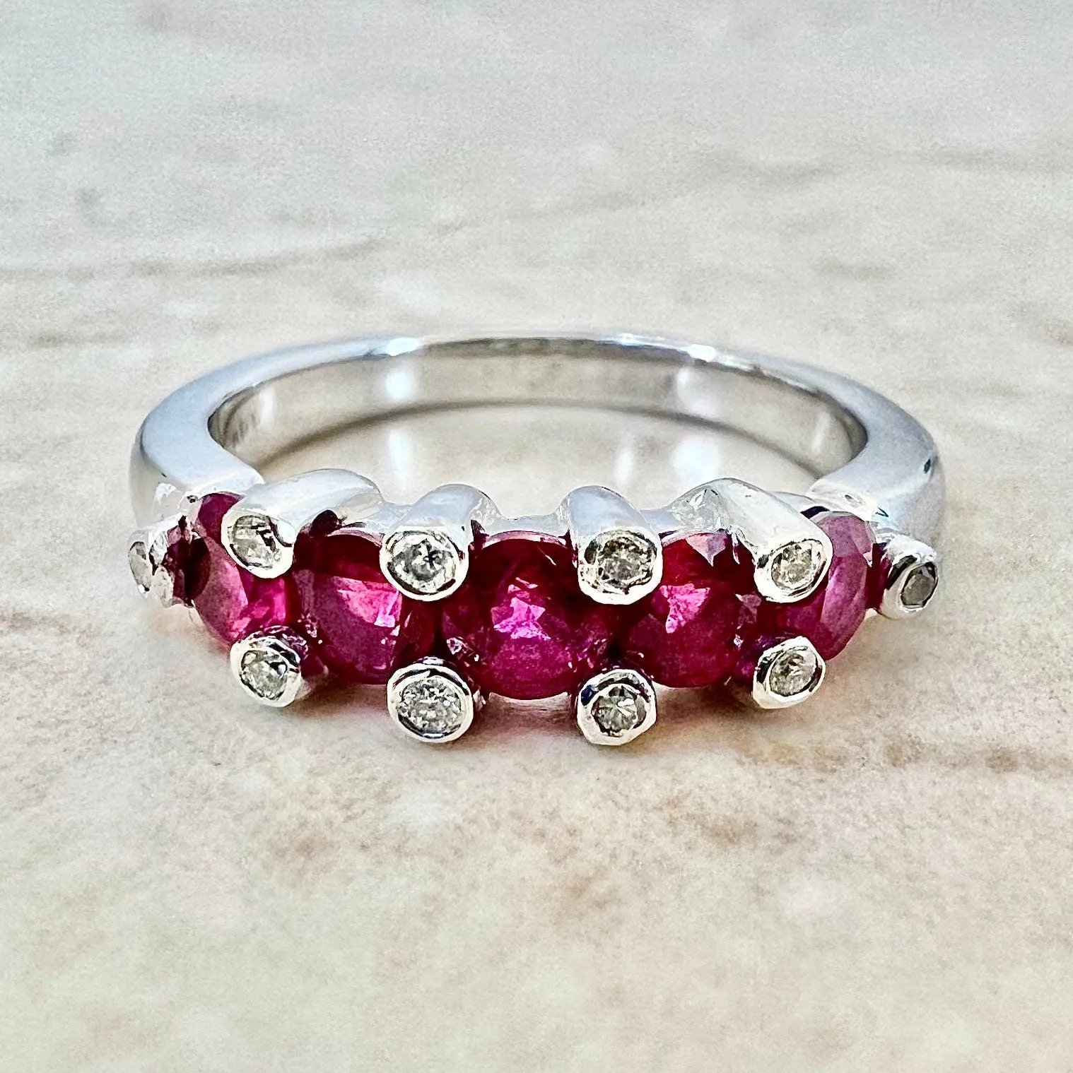 Fine 18 Karat White Gold Natural Ruby & Diamond Five-Stone Band Ring