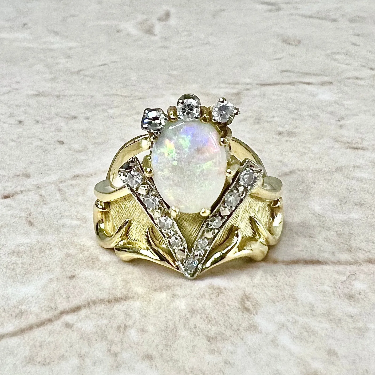 Fine Vintage 14 Karat Two-Tone Gold Opal & Diamond Statement Ring