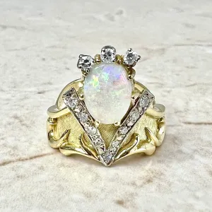 Fine Vintage 14 Karat Two-Tone Gold Opal & Diamond Statement Ring