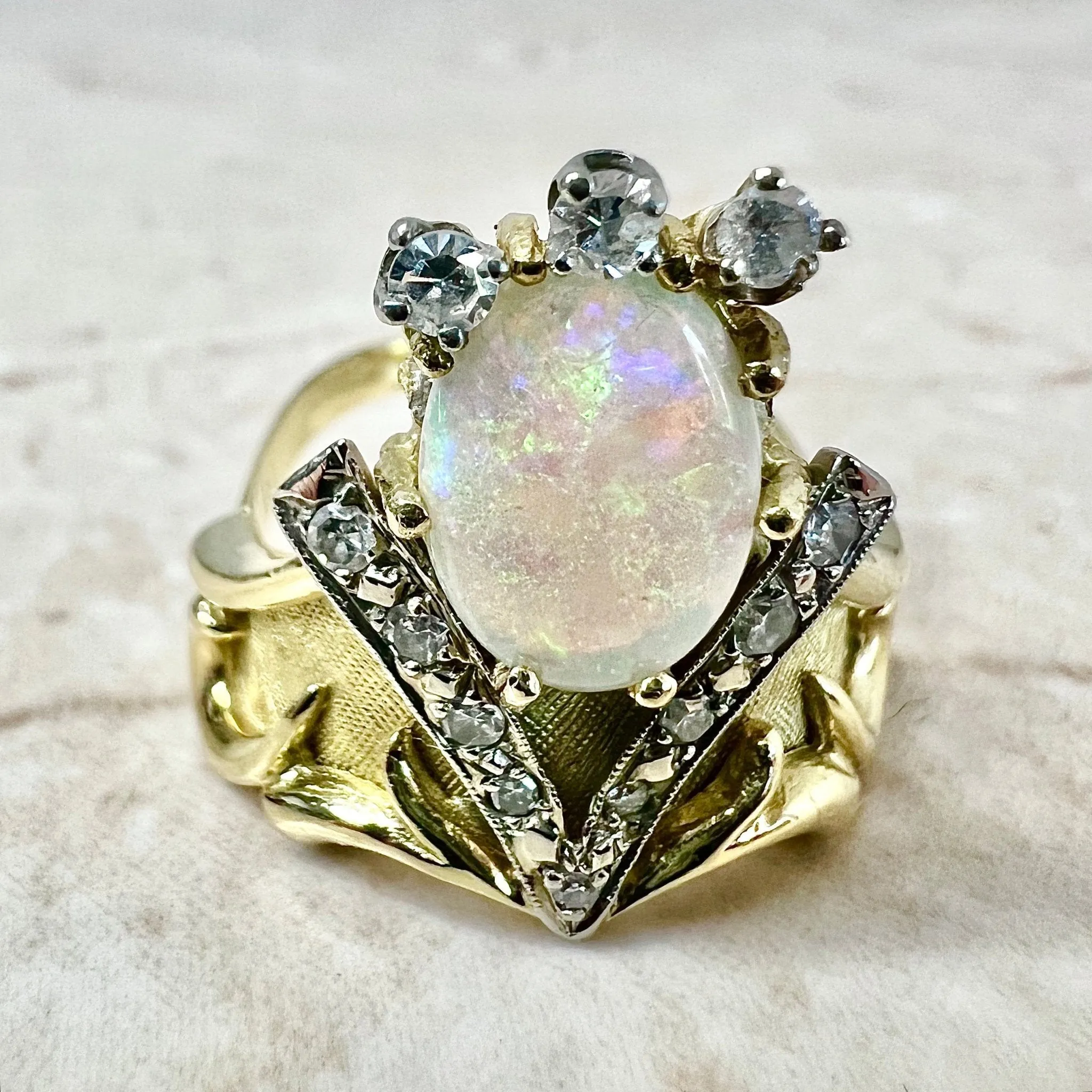 Fine Vintage 14 Karat Two-Tone Gold Opal & Diamond Statement Ring