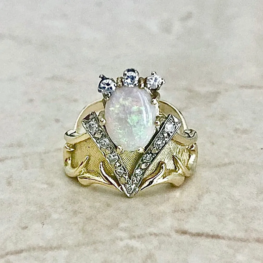 Fine Vintage 14 Karat Two-Tone Gold Opal & Diamond Statement Ring