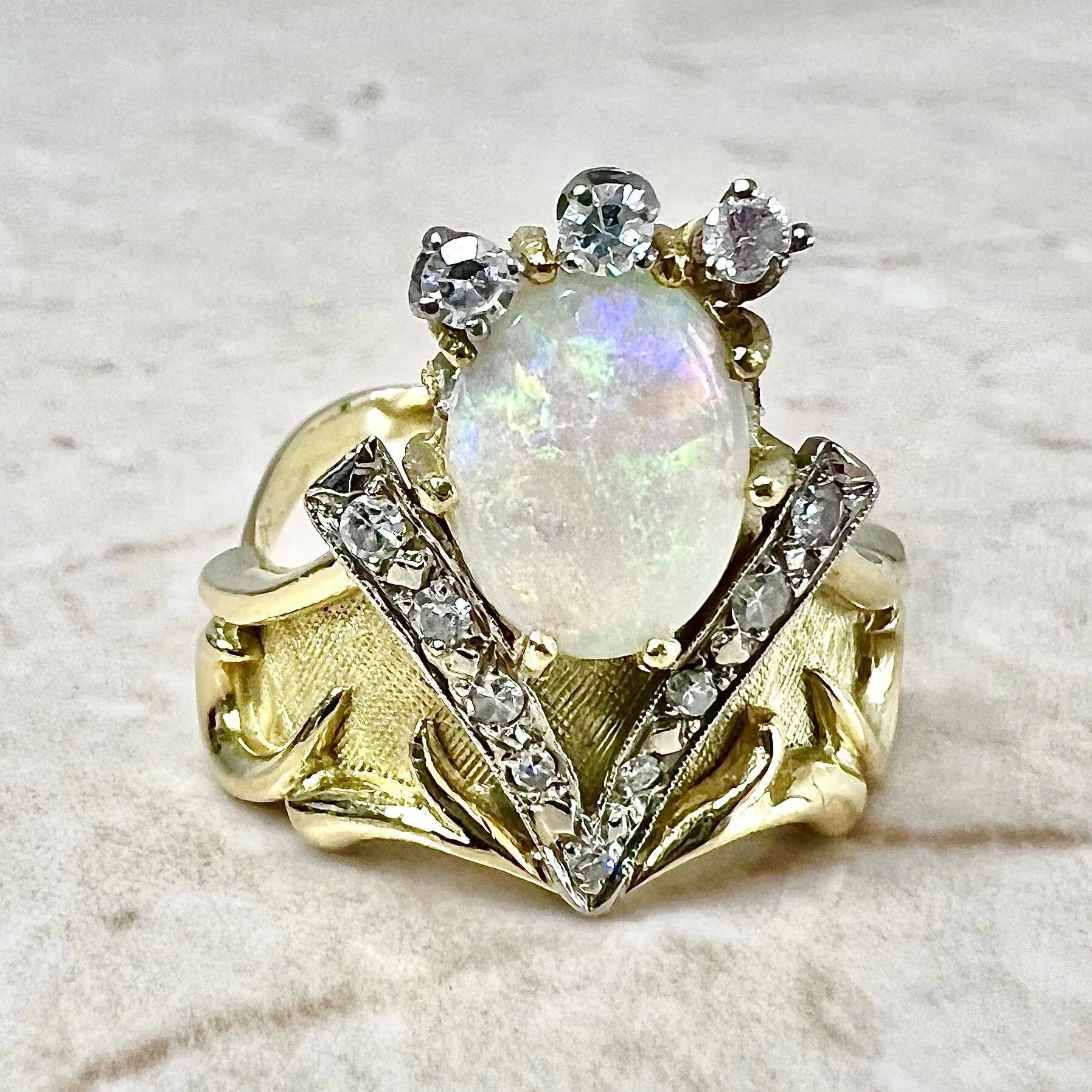 Fine Vintage 14 Karat Two-Tone Gold Opal & Diamond Statement Ring