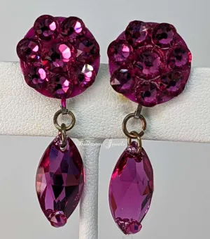 Flower and dangle crystal earrings in fuchsia
