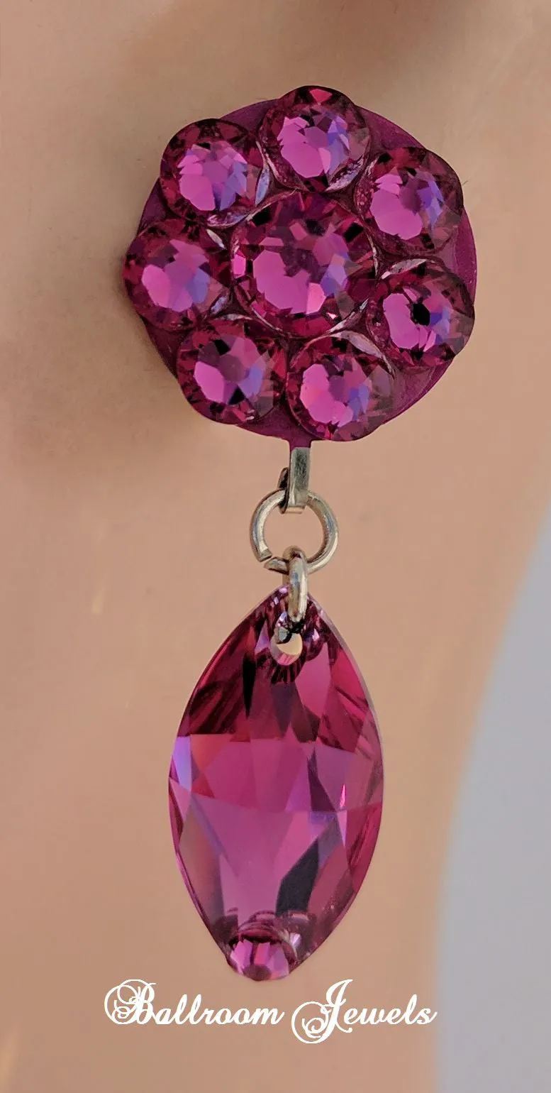 Flower and dangle crystal earrings in fuchsia