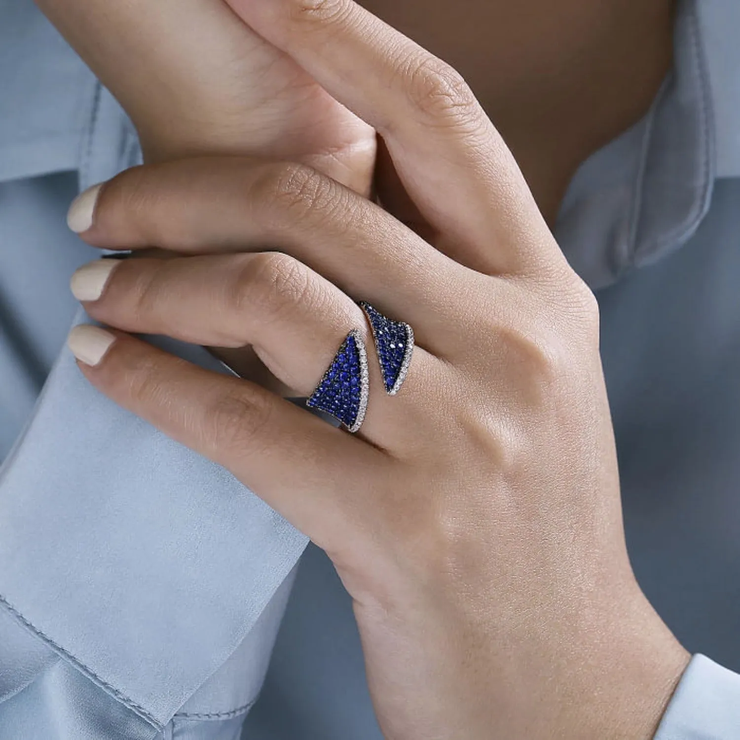 Gabriel & Co. Lusso Blue Sapphire & Diamond Wide Band