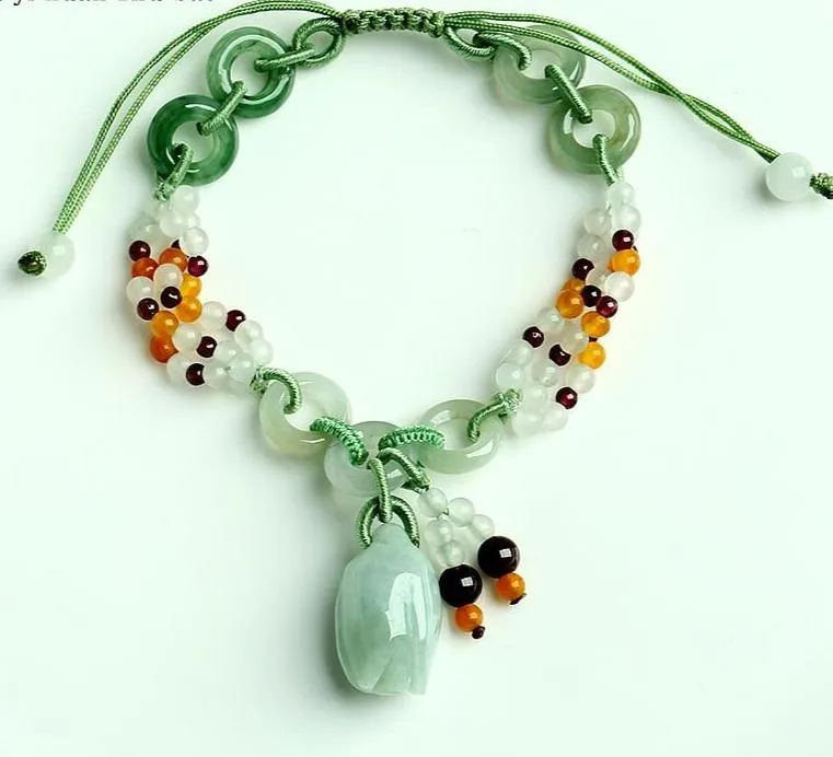 Genuine A  Jade Roses w/garnet Braided Retractable bracelet