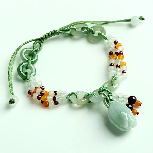 Genuine A  Jade Roses w/garnet Braided Retractable bracelet