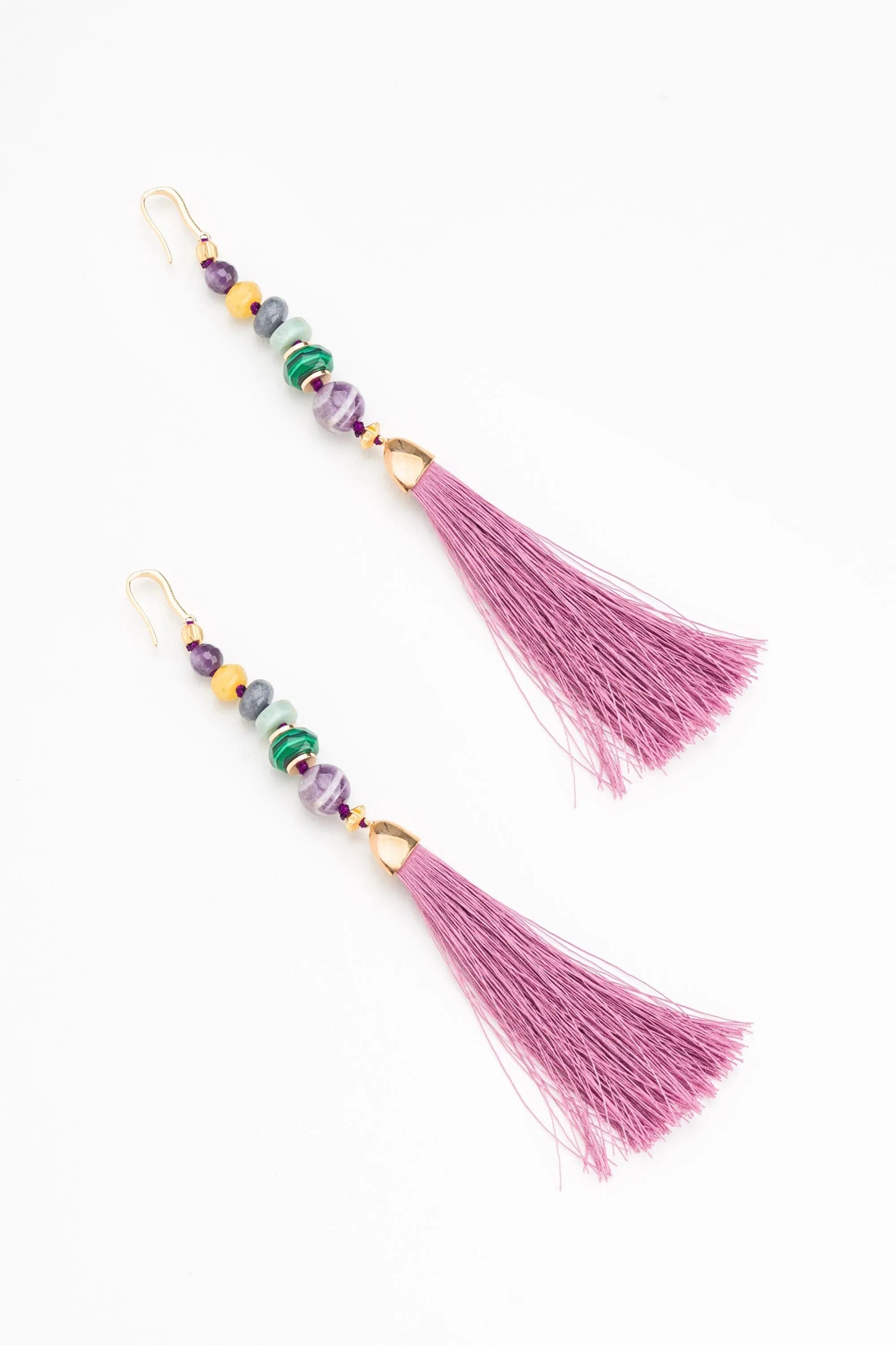 Glass Bead Purple Tassel Earrings