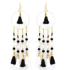 GOLD BLACK AND WHITE BEAD TASSEL EARRING  #KBI-ER-K7438-BLK (RC7-RD7)