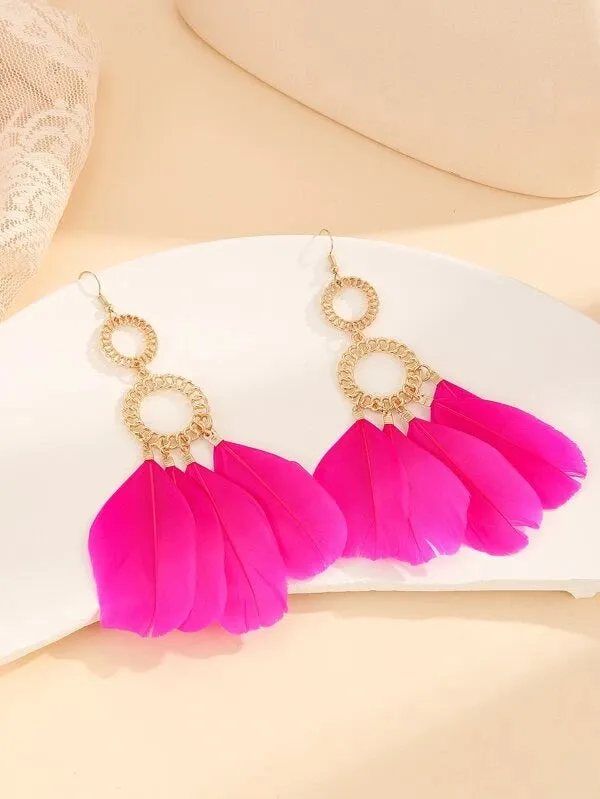 Gold Circle & Hot Pink Feather Tassel Earrings