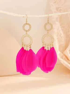 Gold Circle & Hot Pink Feather Tassel Earrings