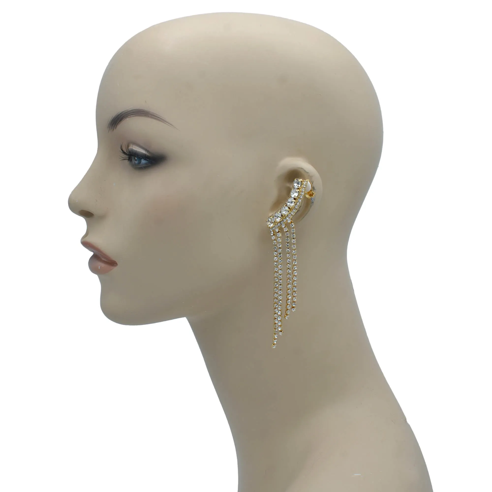 GOLD CRYSTAL LONG TASSEL EARRINGS #27129CR-G (LA22)