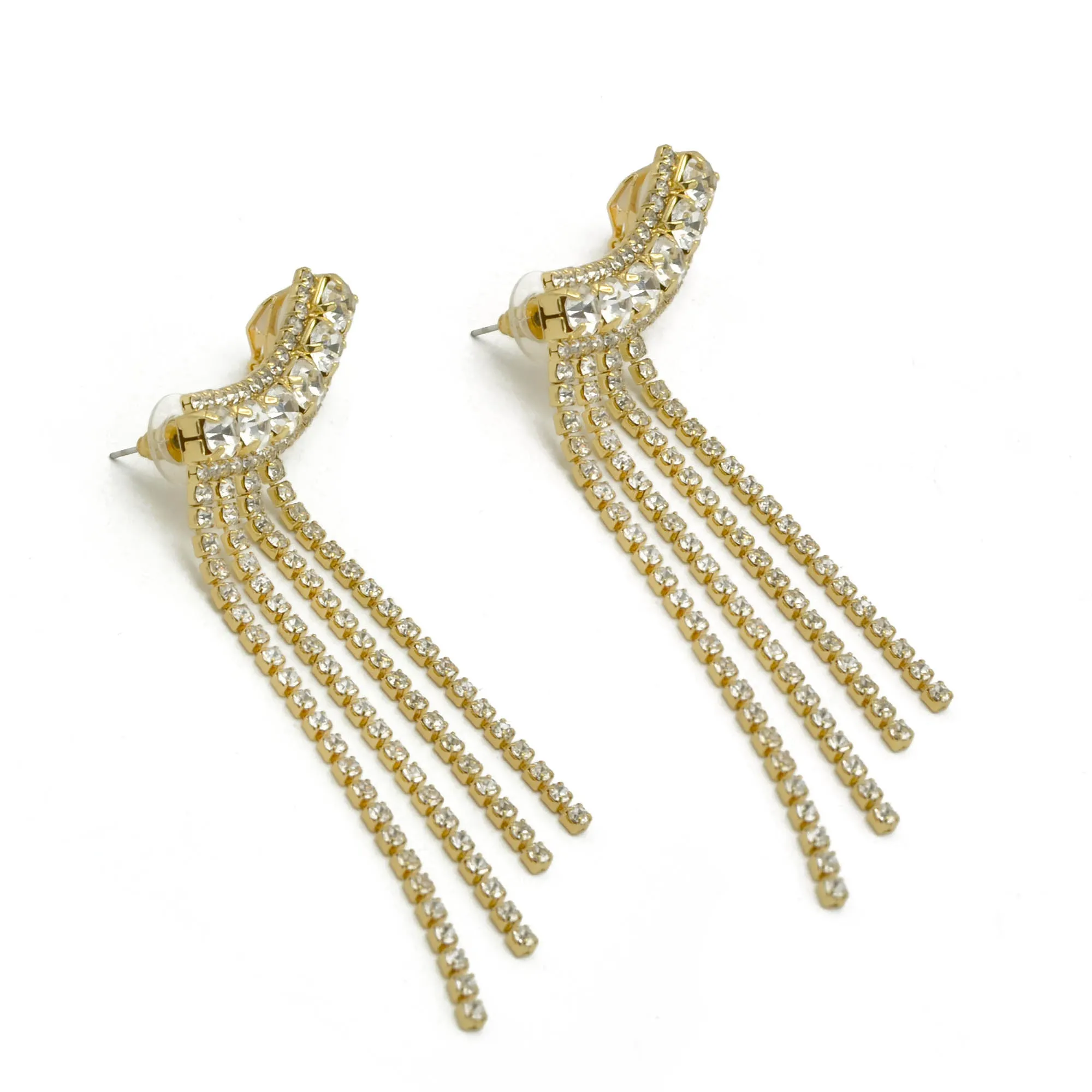 GOLD CRYSTAL LONG TASSEL EARRINGS #27129CR-G (LA22)