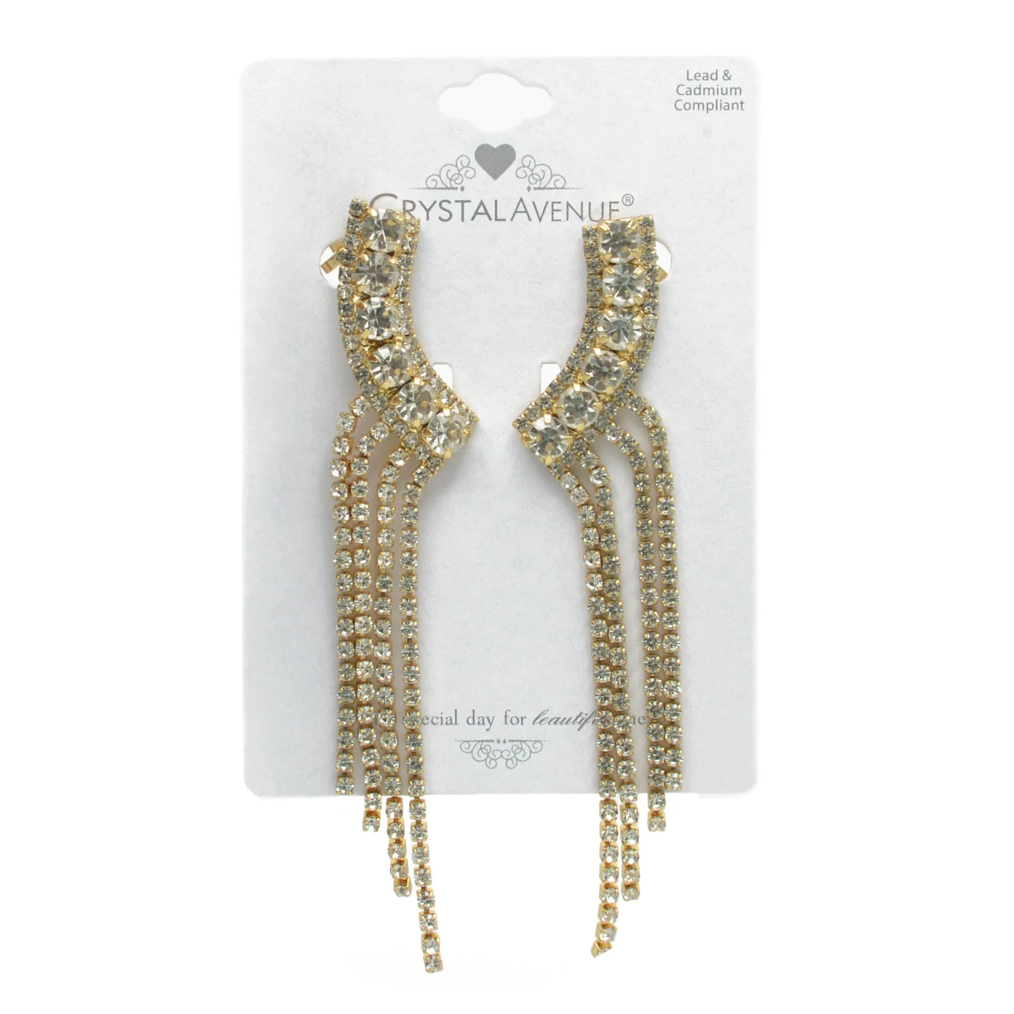 GOLD CRYSTAL LONG TASSEL EARRINGS #27129CR-G (LA22)