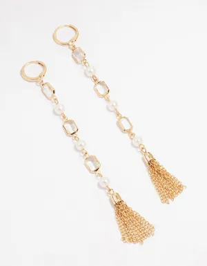 Gold Diamante Pearl Long Tassel Drop Earrings