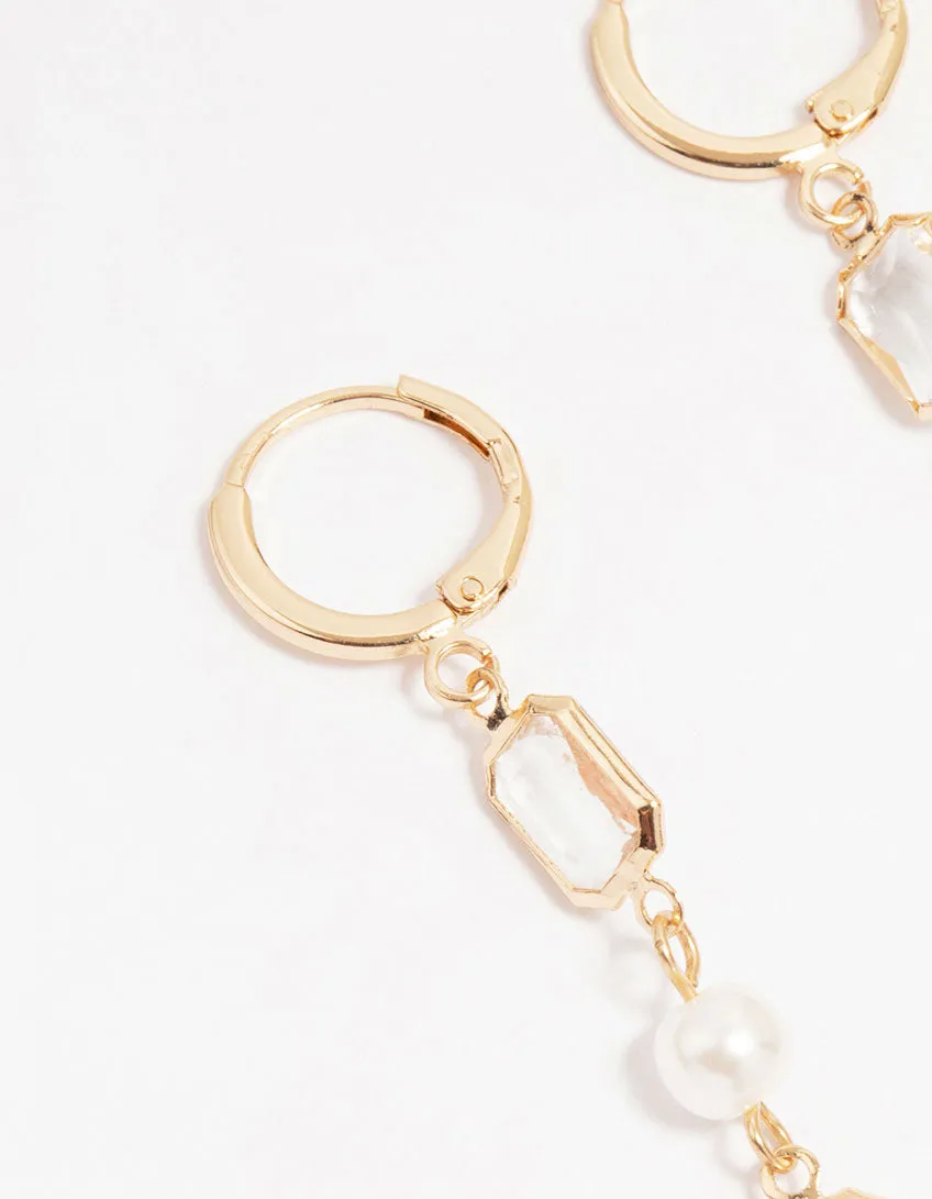 Gold Diamante Pearl Long Tassel Drop Earrings