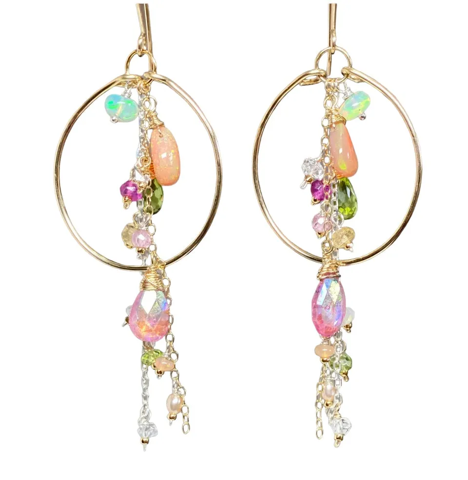 Gold Fill Hoop Earrings with Multi Gemstone Dangles, Opals, Peridot