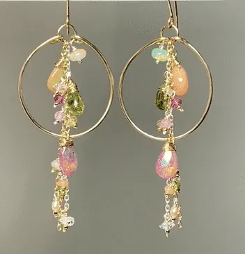Gold Fill Hoop Earrings with Multi Gemstone Dangles, Opals, Peridot